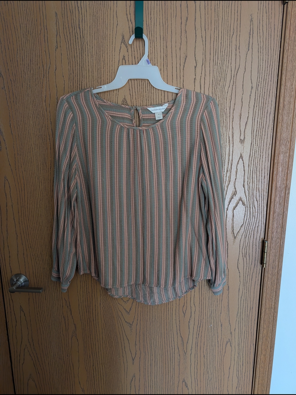 Christopher & Banks Sage and Peach Striped Keyhole Blouse